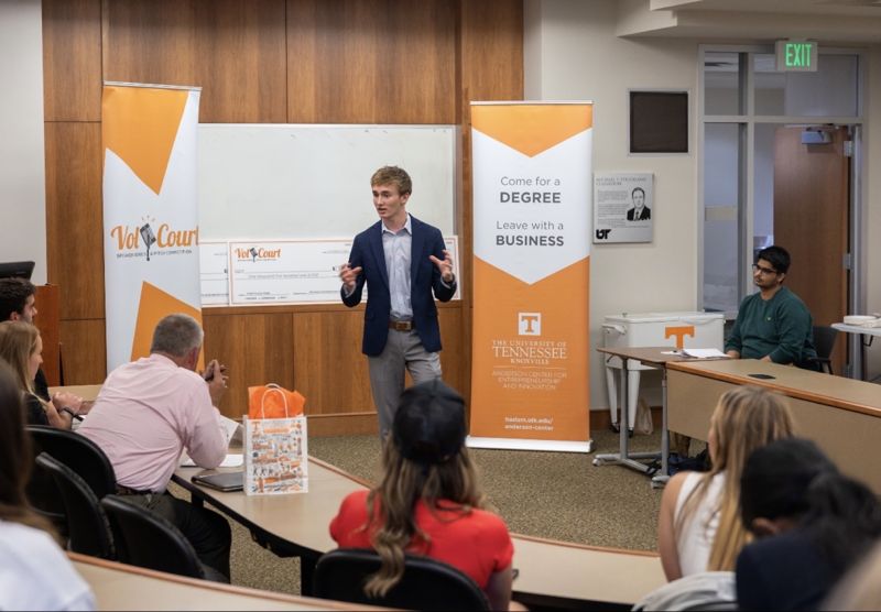 Max Gallinek presenting to a room of students at the Haslam College of Business