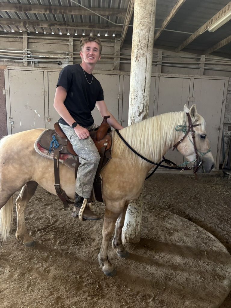 Max Gallinek sitting on a palomino horse in a barn